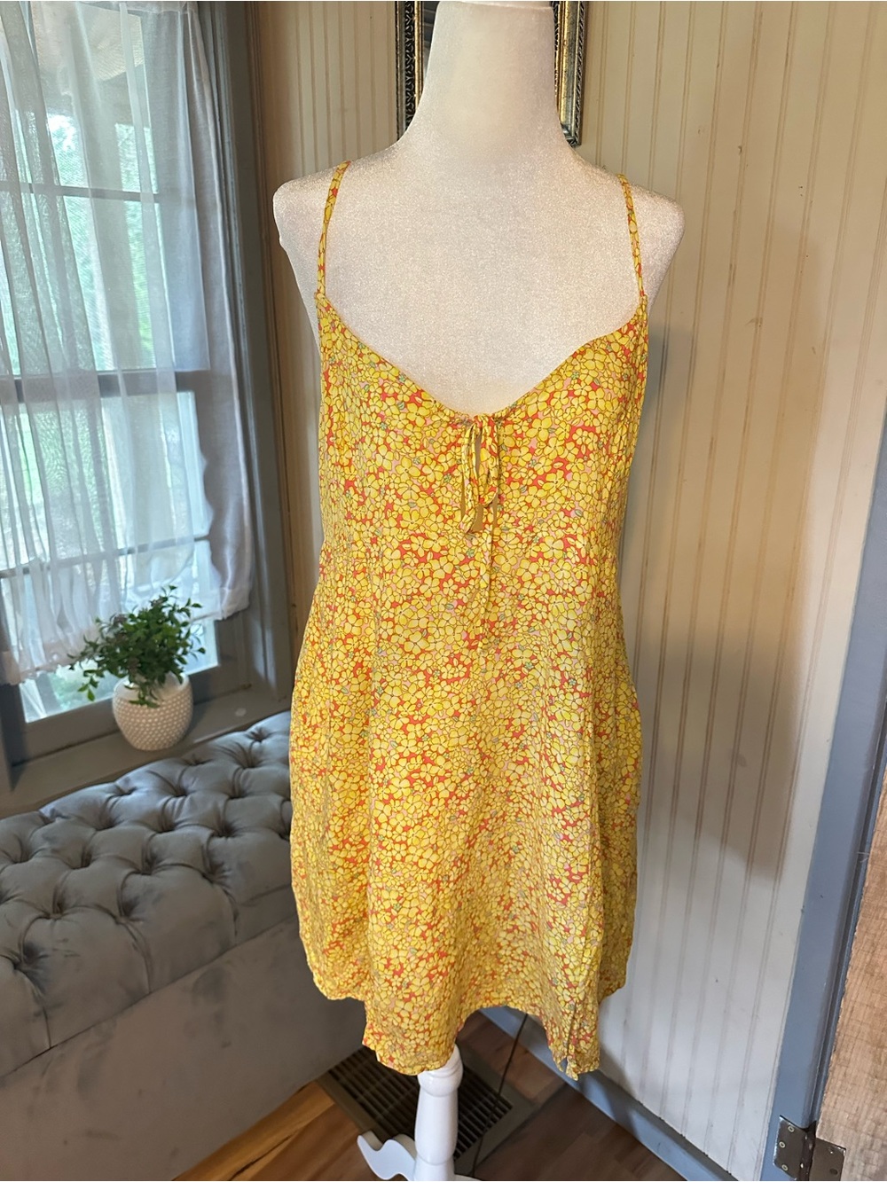 Wild Fable Yellow Floral Mini Dress XXL Tie Front Sleeveless Rayon Sundress